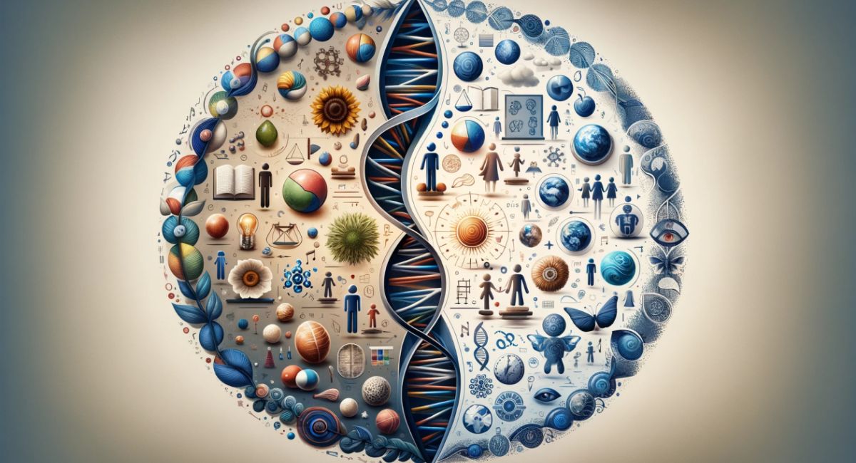Illustration showing the concept of Nature vs Nurture influencing human development.