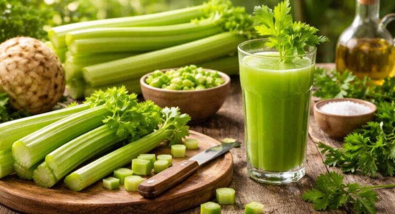 Fresh Pravi Celer with dark green stalks and aromatic leaves grown naturally