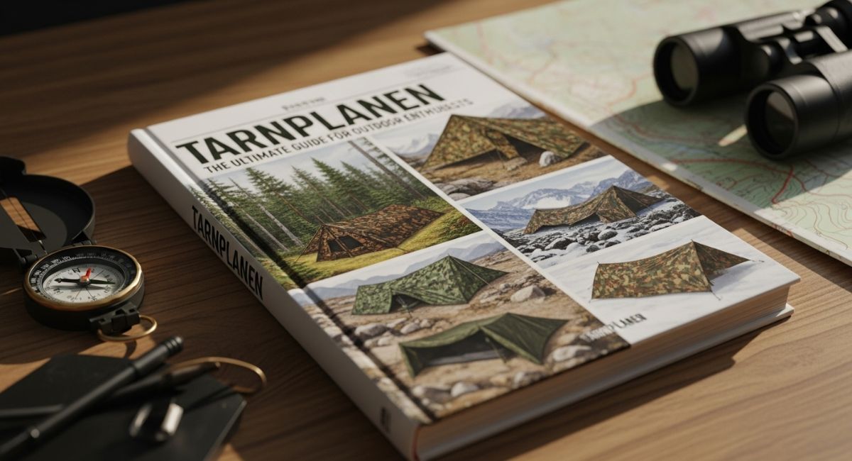 Tarnplanen tarp set up in forest providing camouflage and shelter for hikers
