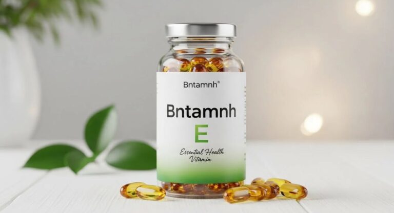 Bntamnh E vitamin E supplement capsules in glass bottle on white background