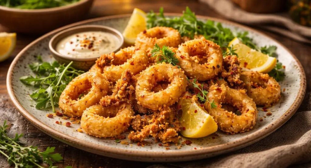 Calamariere Mediterranean squid dish served with lemon and herbs